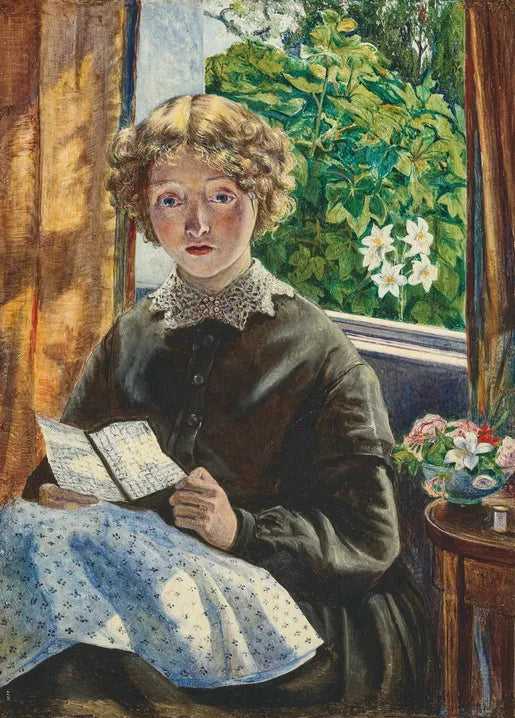 Peter Paul Marshall's A Letter from Home, a Victorian painting of a young woman reading a letter by an open window