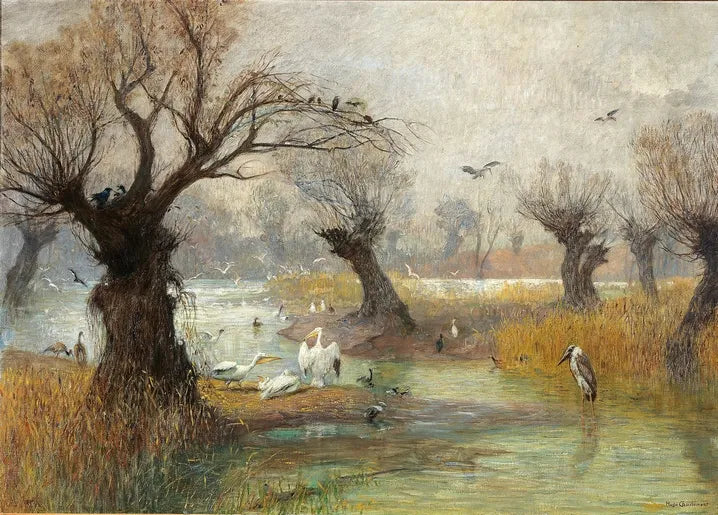 Hugo Charlemont's Pelicans on the Riverbank, a tranquil wetland landscape with white pelicans, willow trees, reeds and calm water