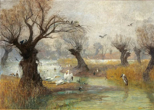 Hugo Charlemont's Pelicans on the Riverbank, a tranquil wetland landscape with white pelicans, willow trees, reeds and calm water