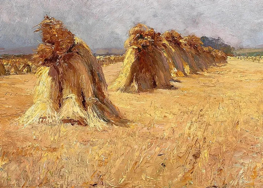 Olga Wisinger-Florian's Cornfield, c. 1900, a golden harvested field with rows of grain sheaves under a pale sky