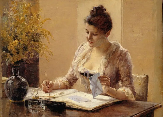 Albert Edelfelt's Lady Writing a Letter, 1887, a woman at a writing desk holding an envelope beside an open ink bottle