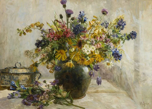 Marie Egner's From the Alps, a colorful floral still life with alpine wildflowers in a dark vase