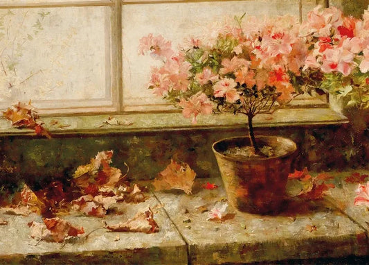 Marie Egner's Flowering Azaleas by the Window, c. 1895, with pink azaleas in a pot, fallen leaves and a sunlit window