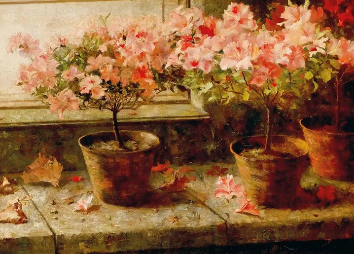 Marie Egner's Flowering Azaleas by the Window, c. 1895, detail of pink azalea blossoms in terracotta pots with fallen autumn leaves