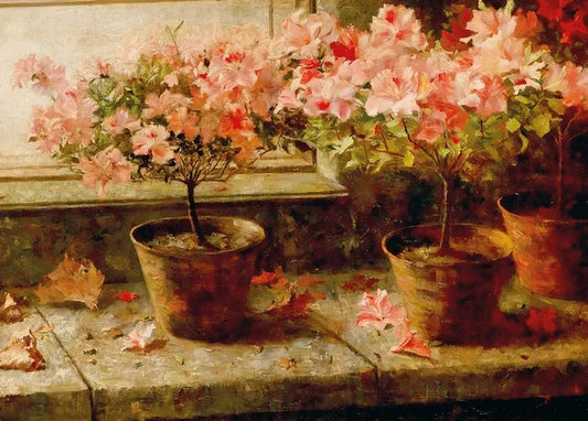 Marie Egner's Flowering Azaleas by the Window, c. 1895, detail of pink azalea blossoms in terracotta pots with fallen autumn leaves