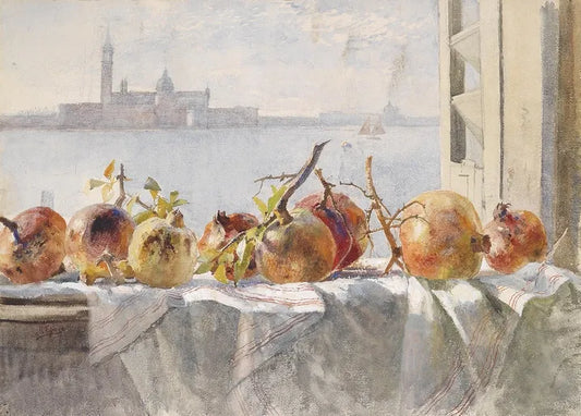 Marie Egner's Pomegranates on a Windowsill, Behind Venice, with ripe pomegranates on a cloth and a view of the Venetian lagoon