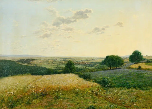 Jean-Ferdinand Monchablon's Oeuvre XI. (Summer Landscape), 1887, a panoramic countryside with golden fields, green hills and a luminous sky