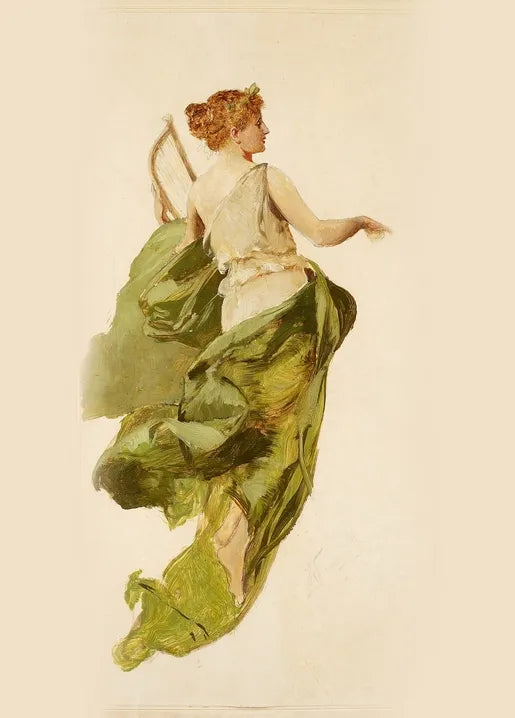 Henryk Siemiradzki's Allegory of Music, 1892, a classical female figure in flowing green drapery