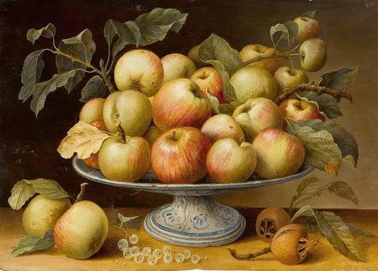 Still Life with Apples on a Majolica Tazza, in the manner of Fede Galizia, with apples, medlars and white currants