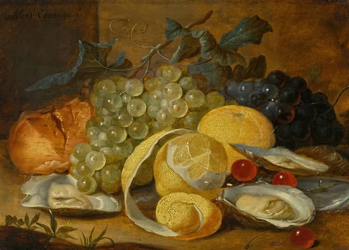 Alexander Coosemans's Still Life with Lemons, Oysters and Cherries, with grapes, peeled lemons, cherries and oysters on a stone table