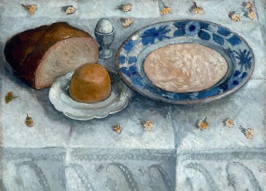 Paula Modersohn-Becker's Still Life with Milk Soup (Breakfast Table), 1905, with bread, a soup bowl, glass and tableware on a patterned cloth
