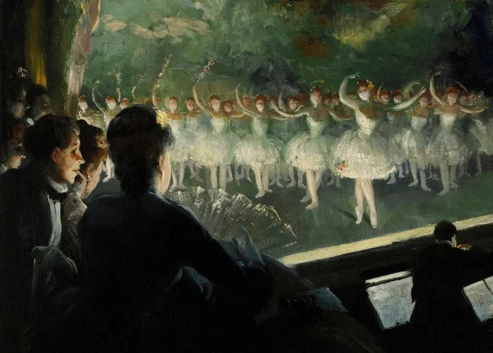 Everett Shinn's The White Ballet, 1904, showing ballerinas in white tutus performing on a brightly lit stage before a dark theatre audience