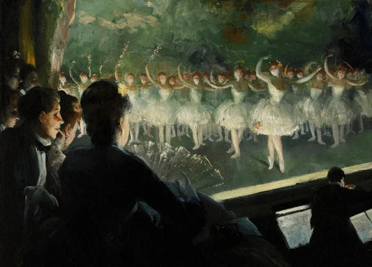 Everett Shinn's The White Ballet, 1904, showing ballerinas in white tutus performing on a brightly lit stage before a dark theatre audience
