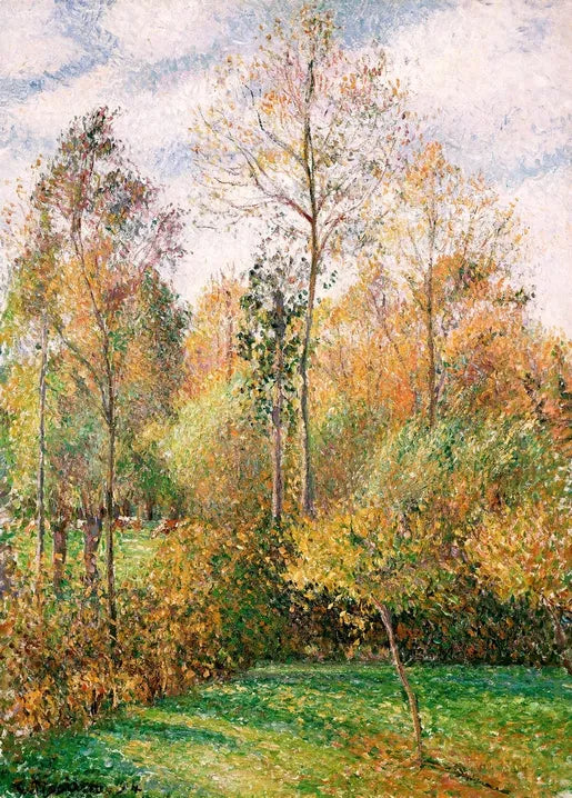 Camille Pissarro's Autumn, Poplars, Éragny, 1894, an Impressionist landscape with tall poplar trees in autumn