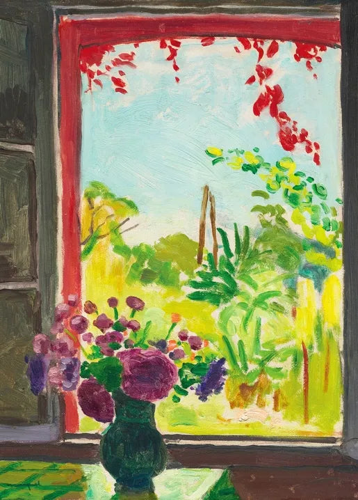 Albert Marquet's Bouquet sur une table devant la fenêtre à Méricourt, 1937, a floral still life with a landscape seen through a window