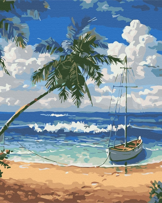 Leaning palm tree and small sailboat anchored off a tropical beach