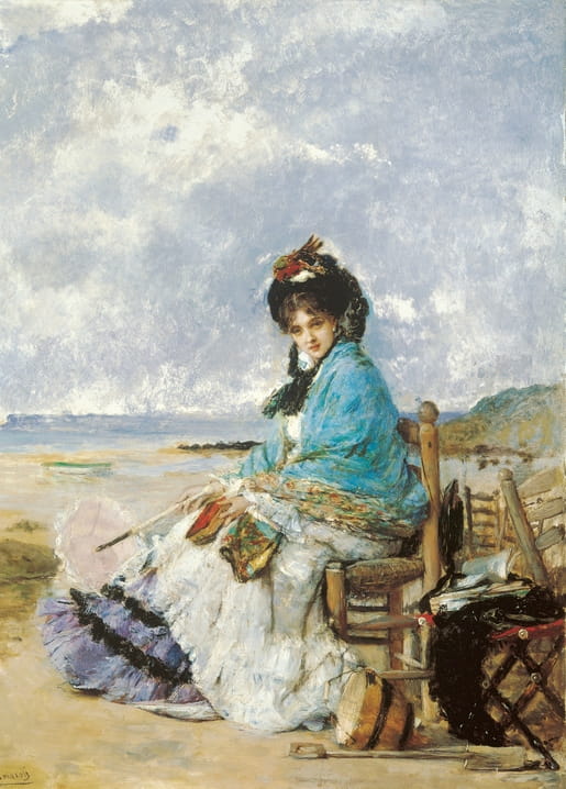 Woman in a turquoise shawl with a pink parasol seated on the beach, painting by Vicente Palmaroli