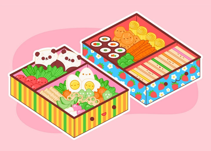 Kawaii illustration of two bento boxes with panda rice balls, sushi and vegetables