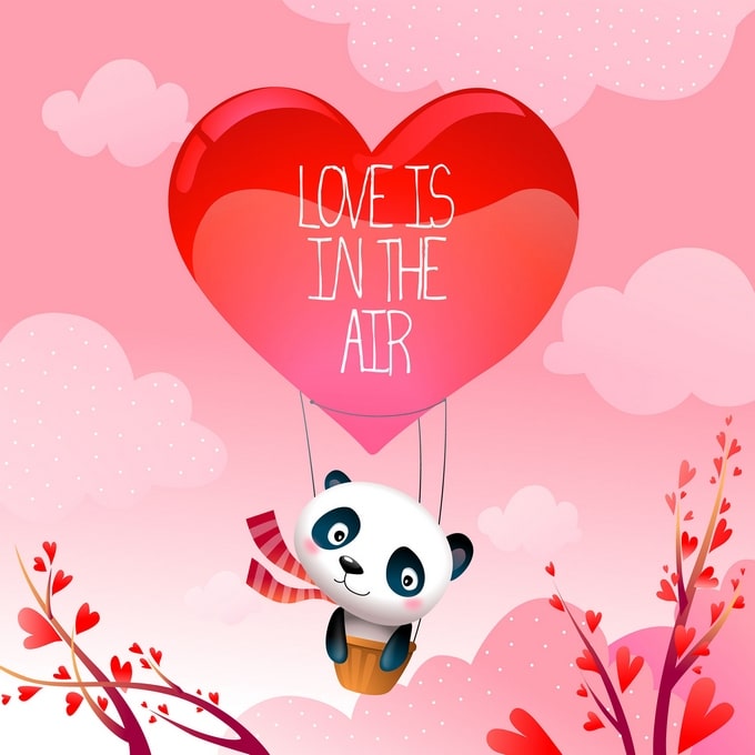 Panda mit Schal fährt in einem herzförmigen Heißluftballon über rosa Wolken