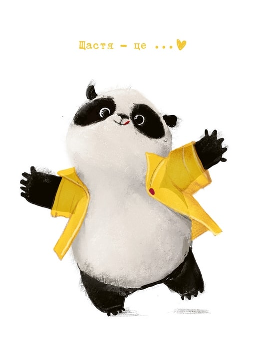 Illustrated postcard of a panda in a yellow jacket throwing its arms open