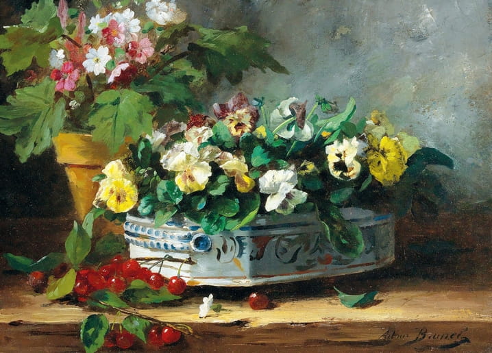 Still life oil painting of pansies and primroses in a blue-and-white pot with cherries