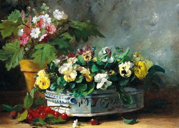 Still life of pansies and pink blossoms in a porcelain tureen with scattered cherries