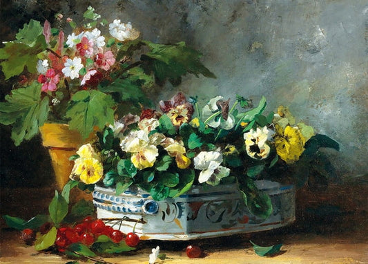 Still life of pansies and pink blossoms in a porcelain tureen with scattered cherries
