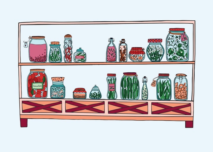 Illustrated pantry shelf with jars of pickled vegetables, tomatoes, and preserves