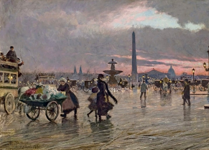 Gemälde eines regennassen Pariser Platzes bei Dämmerung mit Obelisk, Brunnen und Pferdeomnibus