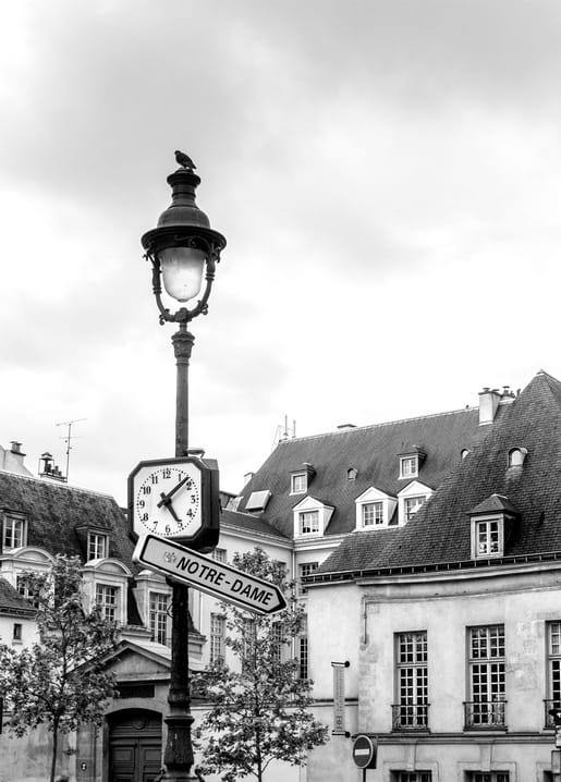 Pariser Straßenlaterne mit Uhr, Vogel obenauf und Wegweiser zur Notre-Dame