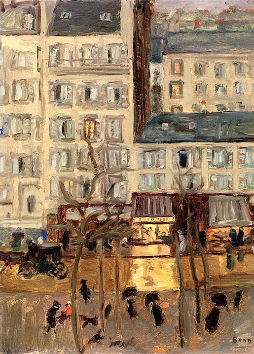 Bonnard painting of a Paris boulevard from above with cream façades, awnings and bare winter trees