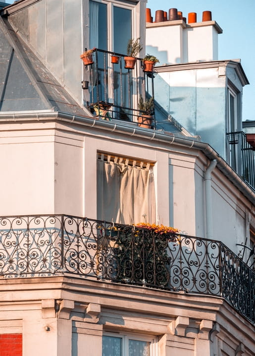 Wrought-iron Parisian rooftop balcony with potted flowers and chimney pots