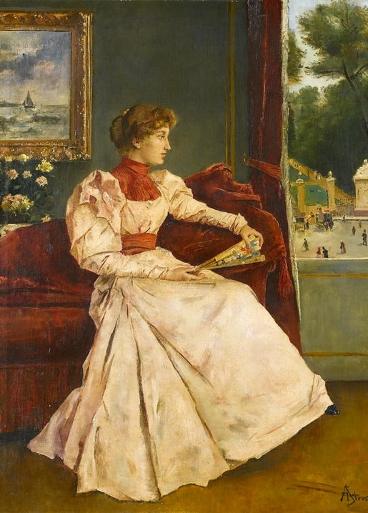 Alfred Stevens painting of a woman in pink silk on a red chaise by a window overlooking a Paris boulevard
