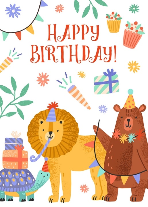 Lion, bear, and turtle in party hats celebrating with cupcakes and gifts