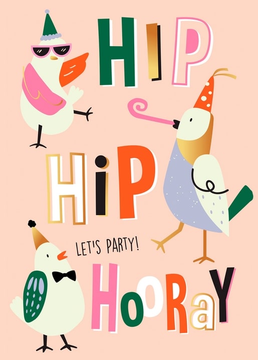 Три мультяшні святкові пташки біля напису Hip Hip Hooray