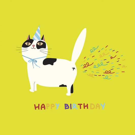 Смугастий кіт у ковпачку здуває конфеті на листівці з написом Happy Birthday