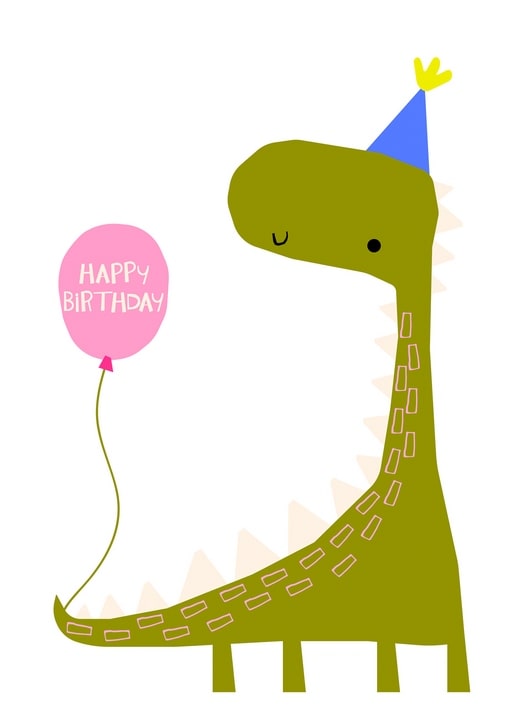 Illustrated green dinosaur in a party hat holding a pink Happy Birthday balloon