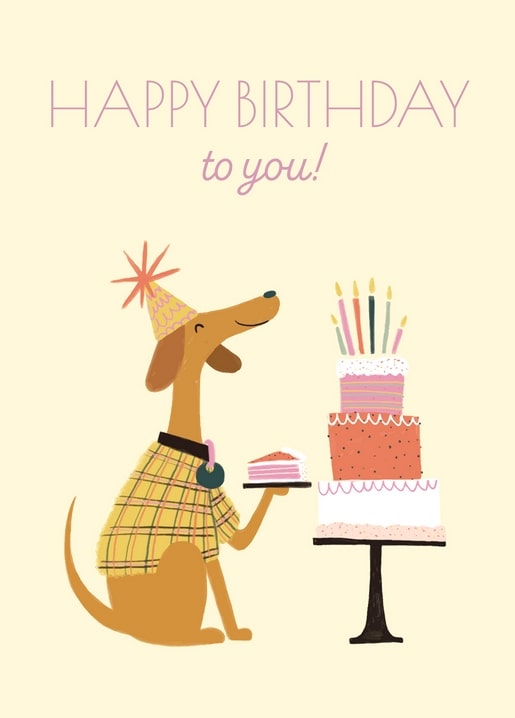 Illustrated dog in a party hat holding birthday cake, Happy Birthday to you postcard