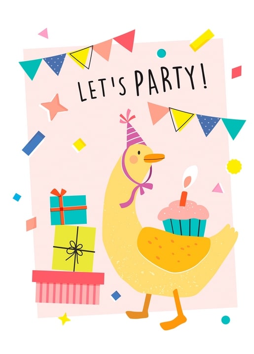 Illustrated duck in a party hat holding a candlelit cupcake beside gift boxes, with a 'Let's Party!' banner.