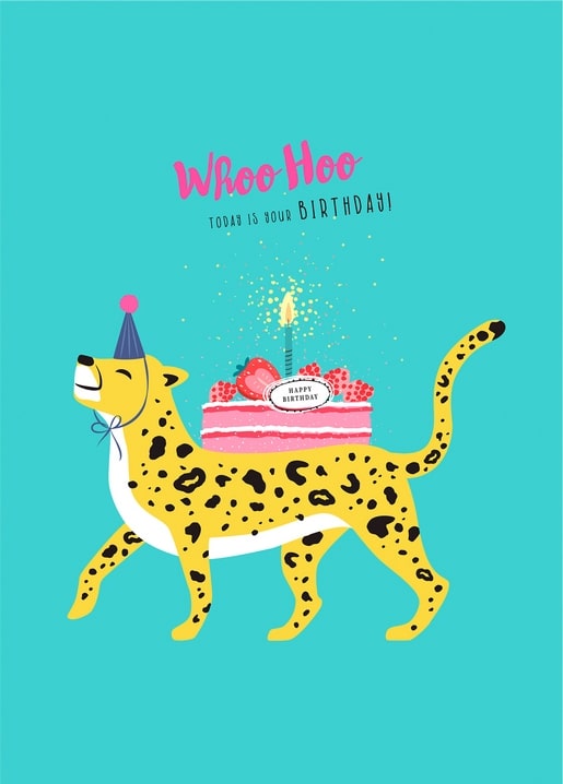 Yellow leopard in a party hat walking past a birthday cake on a turquoise background
