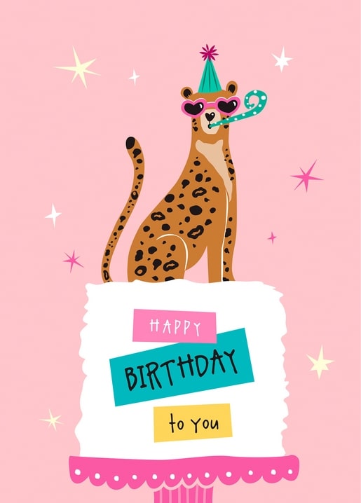 Cartoon leopard in party hat and heart sunglasses sitting on a birthday cake