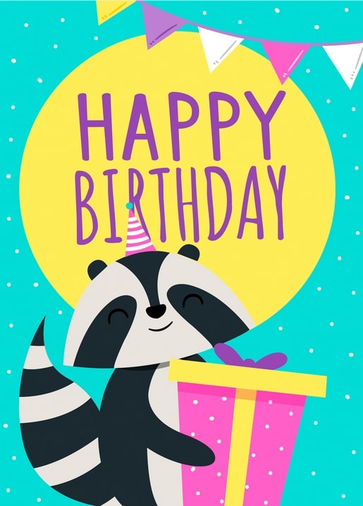 Smiling raccoon in a party hat holding a pink gift box, 'Happy Birthday' text, teal background