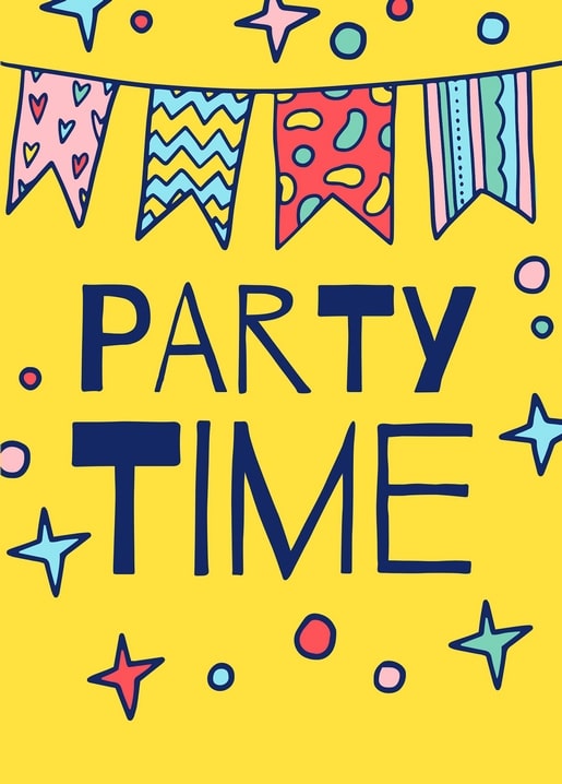Yellow birthday postcard with bunting flags and Party Time lettering