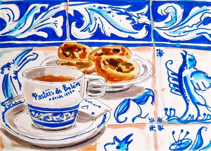 Watercolor illustration of Pastéis de Belém tarts and coffee on a Portuguese azulejo tile pattern