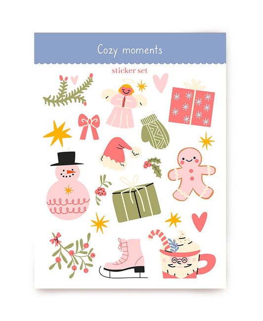 Pastell-Weihnachtssticker mit Engel, rosa Schneemann, Schlittschuh und Tasse Kakao