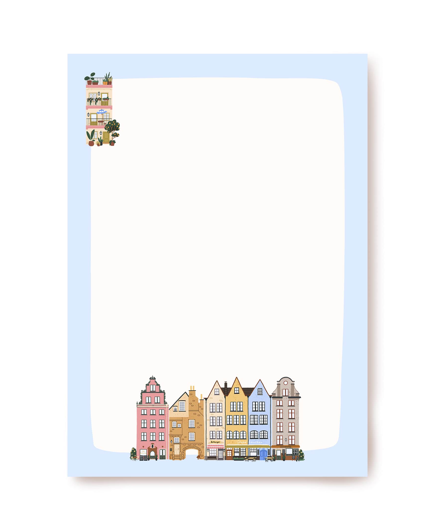 Light blue writing paper with a row of pastel European townhouses and a balcony building in the corner