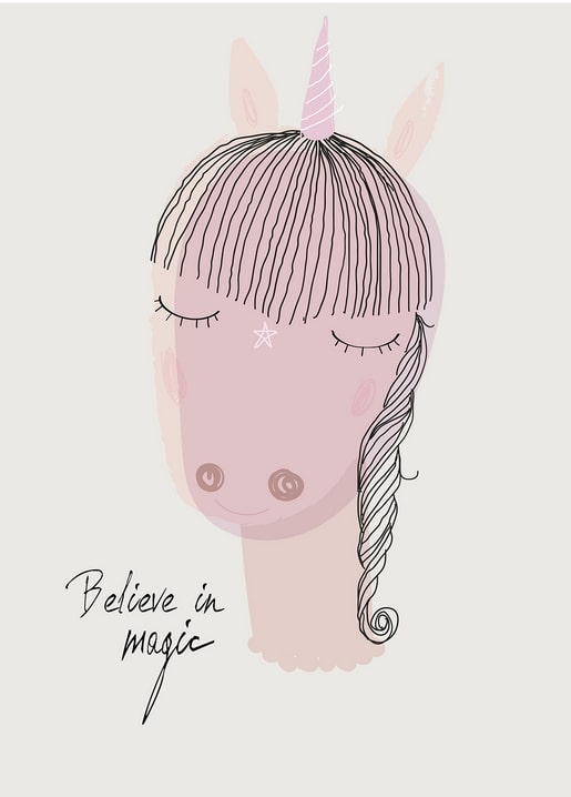 Pastel pink unicorn face with braided mane and Believe in Magic lettering