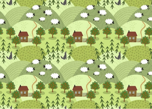 Seamless pastoral pattern of green hills, grazing sheep, orchards, cottages, and wolves peeking from pine trees