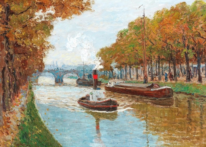 Painting of a steam tugboat towing a barge on a tree-lined autumn canal with a stone bridge in the background