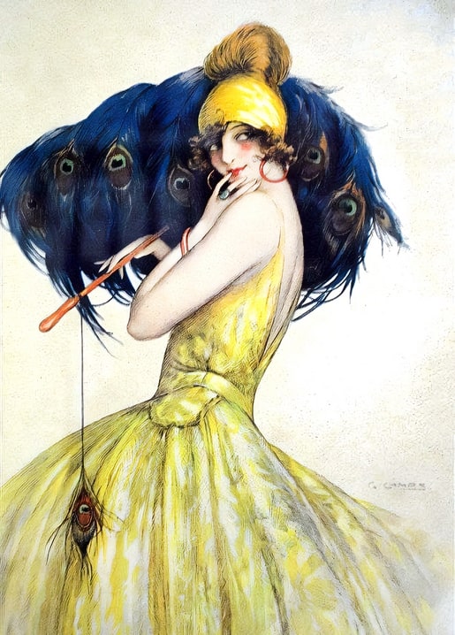 Vintage illustration of a woman in yellow holding a large peacock feather fan